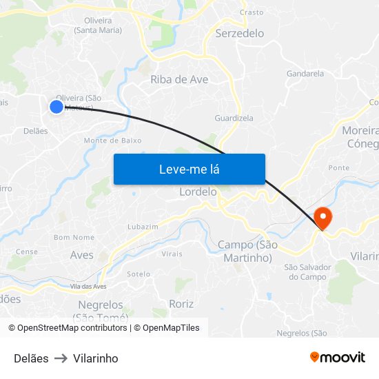 Delães to Vilarinho map