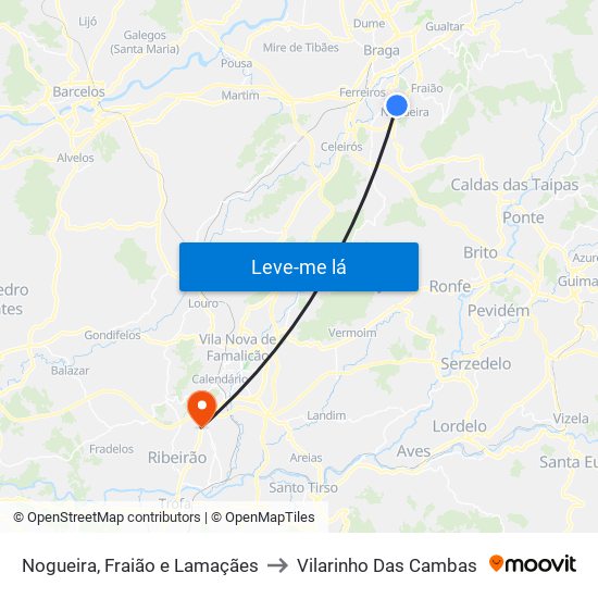 Nogueira, Fraião e Lamaçães to Vilarinho Das Cambas map