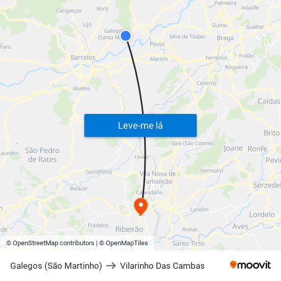 Galegos (São Martinho) to Vilarinho Das Cambas map