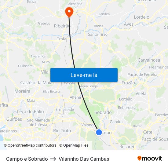Campo e Sobrado to Vilarinho Das Cambas map