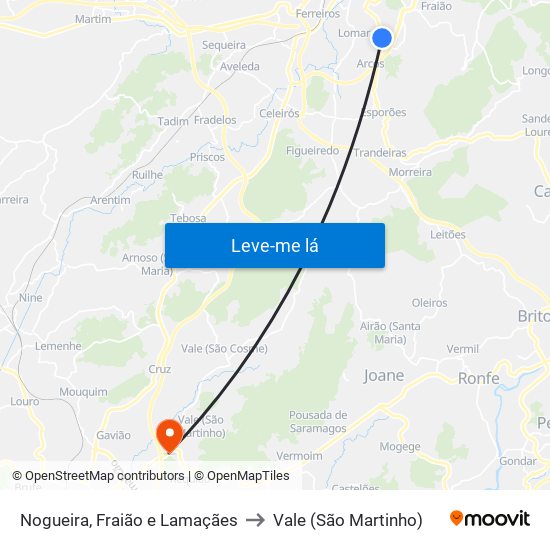 Nogueira, Fraião e Lamaçães to Vale (São Martinho) map