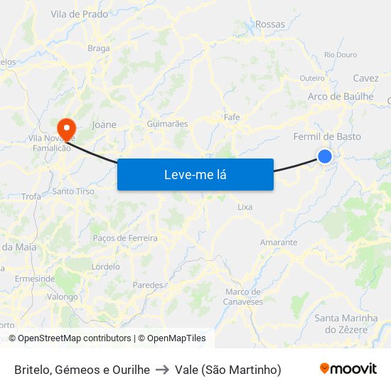 Britelo, Gémeos e Ourilhe to Vale (São Martinho) map