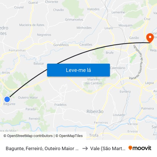 Bagunte, Ferreiró, Outeiro Maior e Parada to Vale (São Martinho) map