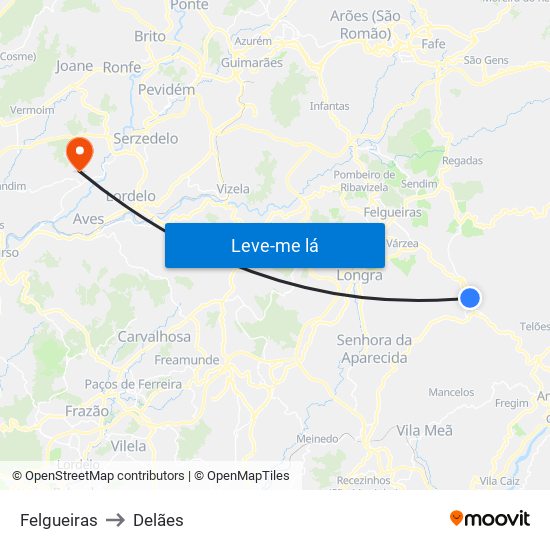 Felgueiras to Delães map