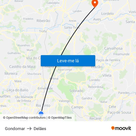 Gondomar to Delães map
