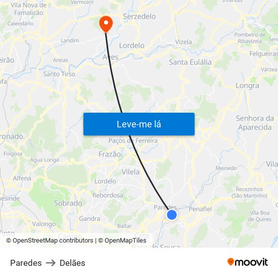 Paredes to Delães map
