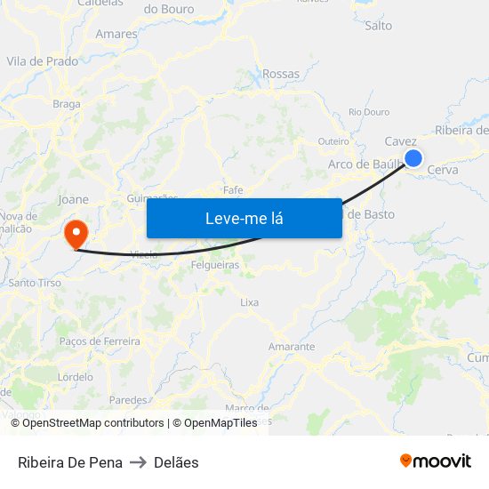 Ribeira De Pena to Delães map