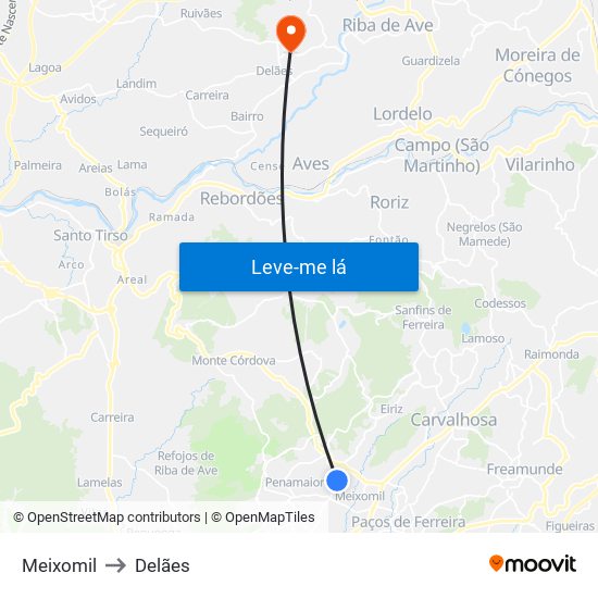 Meixomil to Delães map
