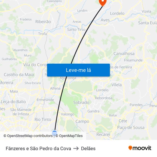 Fânzeres e São Pedro da Cova to Delães map