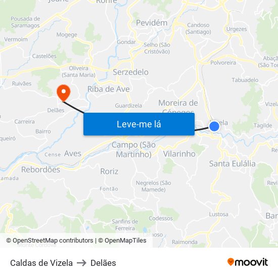 Caldas de Vizela to Delães map