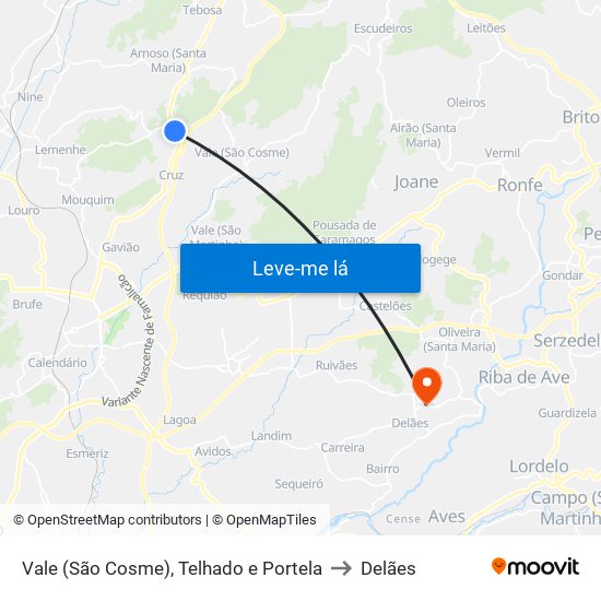 Vale (São Cosme), Telhado e Portela to Delães map