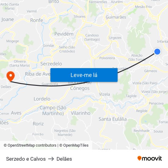 Serzedo e Calvos to Delães map