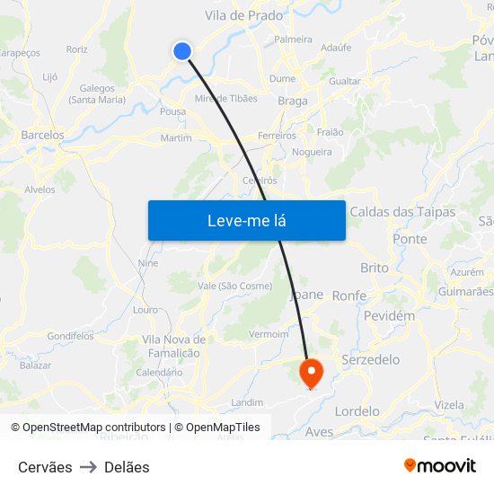 Cervães to Delães map