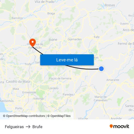Felgueiras to Brufe map