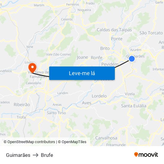 Guimarães to Brufe map