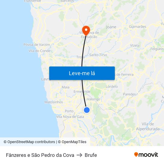 Fânzeres e São Pedro da Cova to Brufe map
