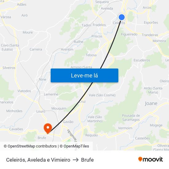 Celeirós, Aveleda e Vimieiro to Brufe map