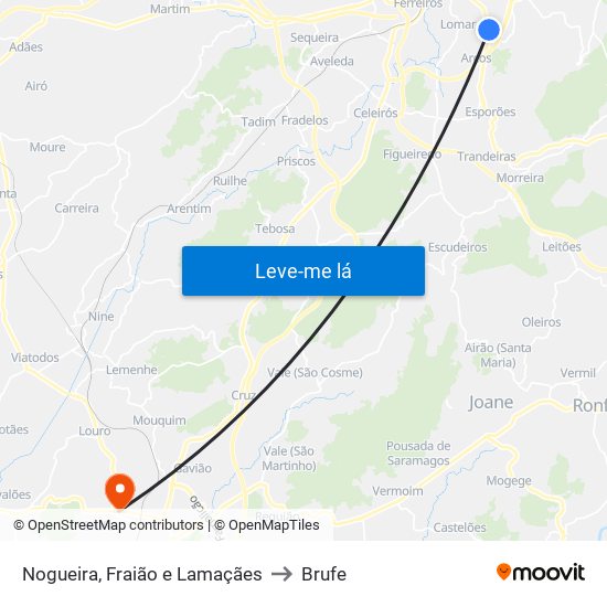 Nogueira, Fraião e Lamaçães to Brufe map