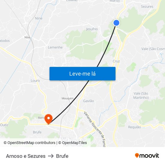 Arnoso e Sezures to Brufe map