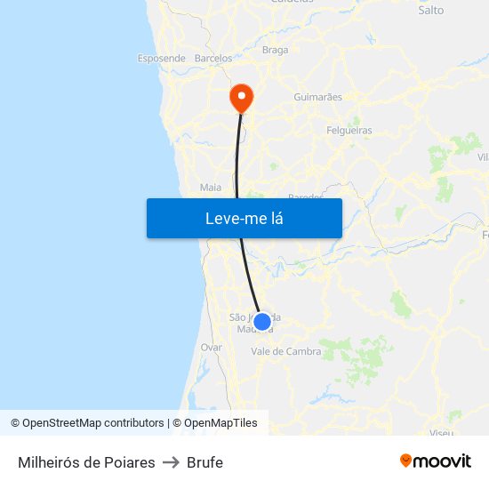 Milheirós de Poiares to Brufe map