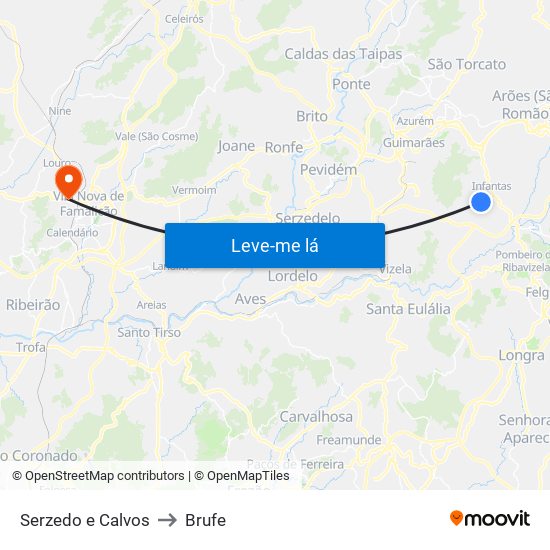 Serzedo e Calvos to Brufe map