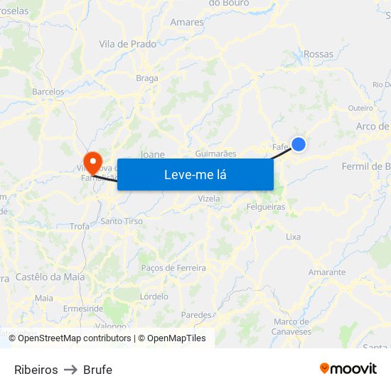 Ribeiros to Brufe map
