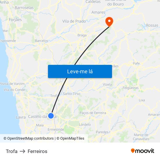 Trofa to Ferreiros map
