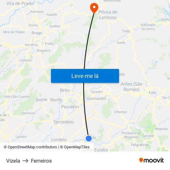 Vizela to Ferreiros map