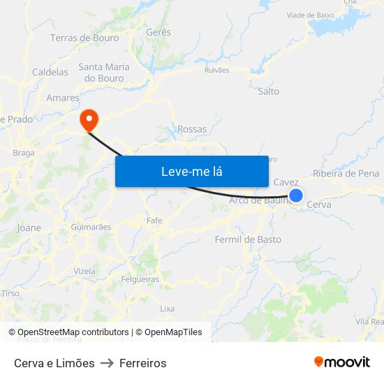 Cerva e Limões to Ferreiros map