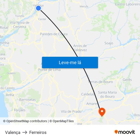 Valença to Ferreiros map