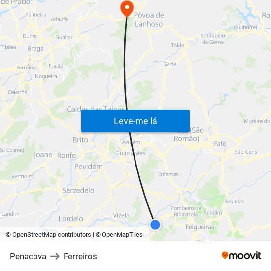 Penacova to Ferreiros map