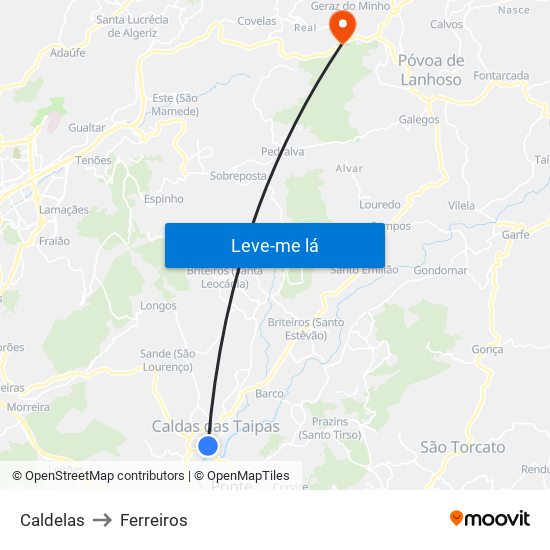 Caldelas to Ferreiros map