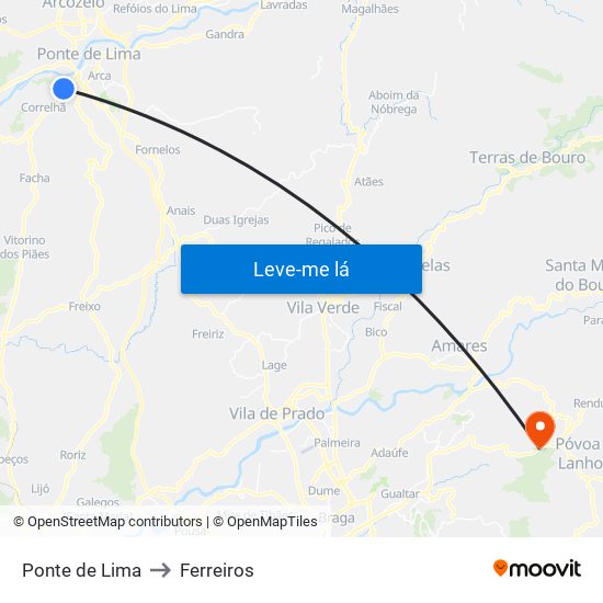 Ponte de Lima to Ferreiros map