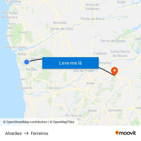 Alvarães to Ferreiros map