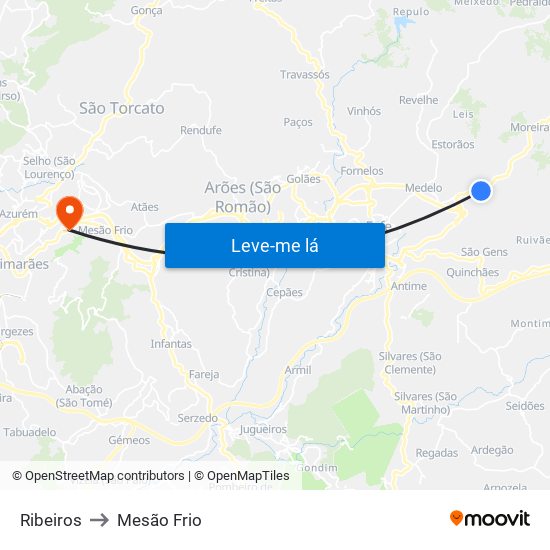 Ribeiros to Mesão Frio map