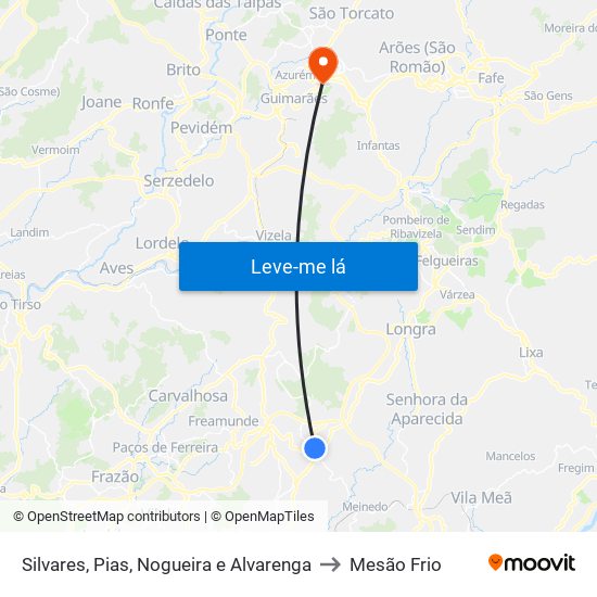 Silvares, Pias, Nogueira e Alvarenga to Mesão Frio map