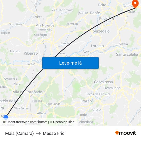 Maia (Câmara) to Mesão Frio map