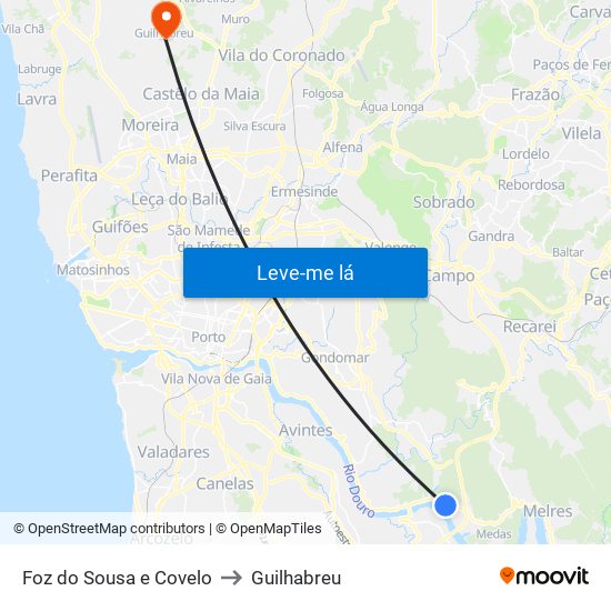 Foz do Sousa e Covelo to Guilhabreu map