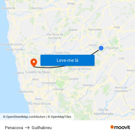 Penacova to Guilhabreu map