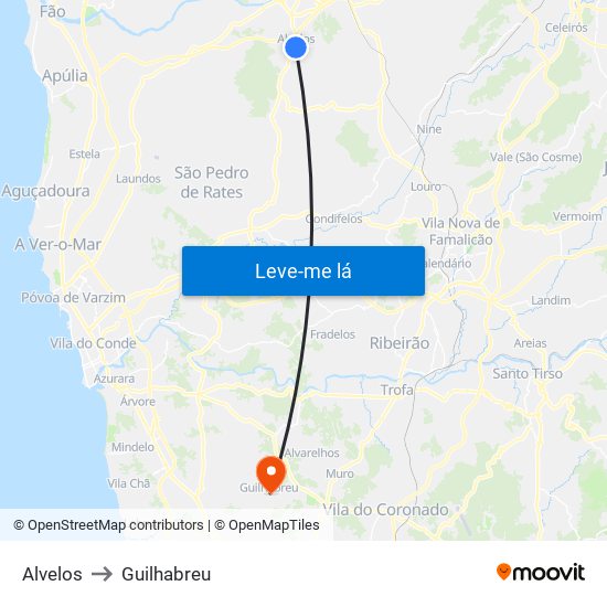 Alvelos to Guilhabreu map