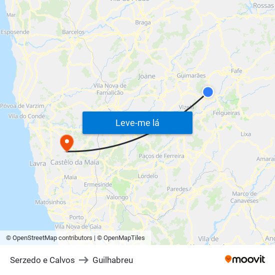 Serzedo e Calvos to Guilhabreu map