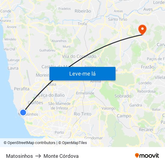 Matosinhos to Monte Córdova map