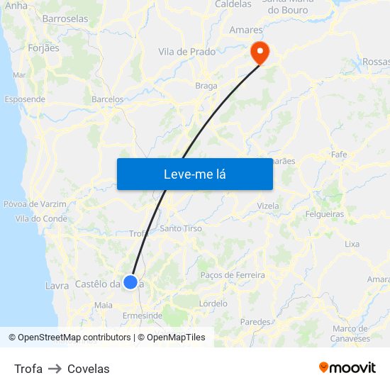 Trofa to Covelas map