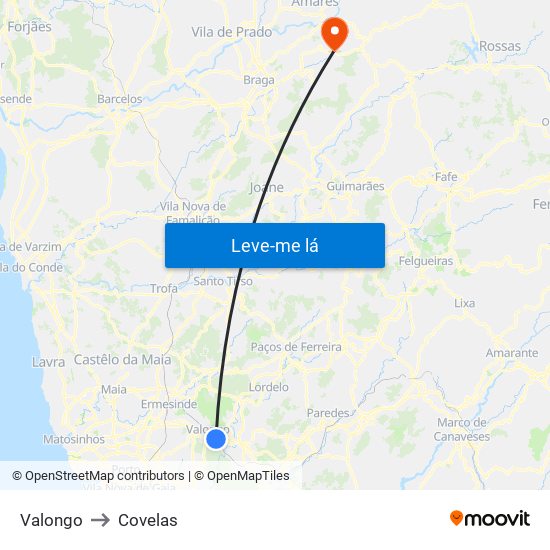 Valongo to Covelas map