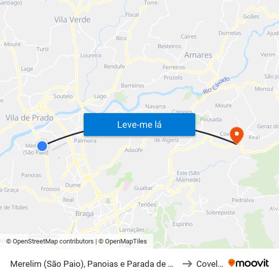 Merelim (São Paio), Panoias e Parada de Tibães to Covelas map