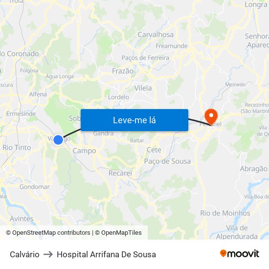 Calvário to Hospital Arrifana De Sousa map