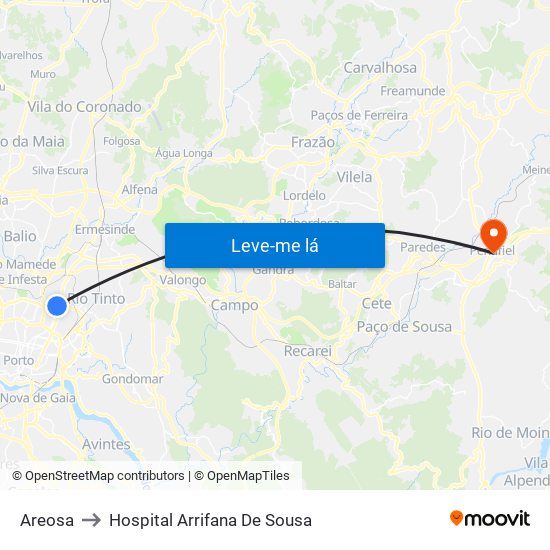 Areosa to Hospital Arrifana De Sousa map