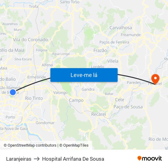 Laranjeiras to Hospital Arrifana De Sousa map