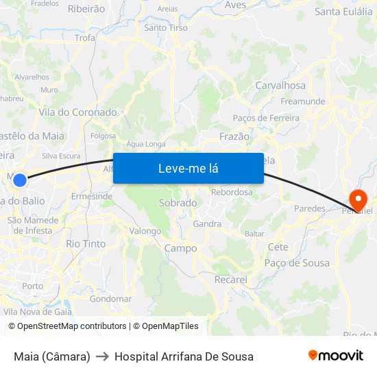 Maia (Câmara) to Hospital Arrifana De Sousa map