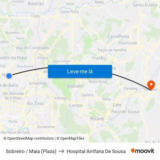 Sobreiro / Maia (Plaza) to Hospital Arrifana De Sousa map